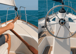 Split image: Left shows a hand on a wooden tiller, right displays a yacht's steering wheel on clear ocean waters. Tiller vs. Wheel: The Real-World Take