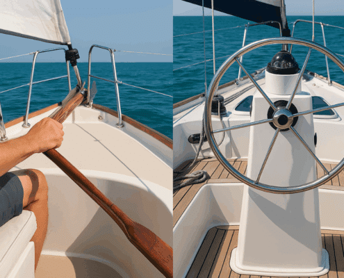 Split image: Left shows a hand on a wooden tiller, right displays a yacht's steering wheel on clear ocean waters. Tiller vs. Wheel: The Real-World Take
