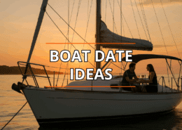 Couple enjoying a romantic dinner on a sailboat at sunset, highlighting boat date ideas.