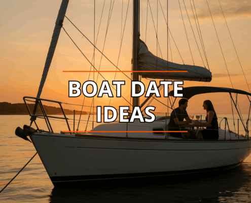 Couple enjoying a romantic dinner on a sailboat at sunset, highlighting boat date ideas.