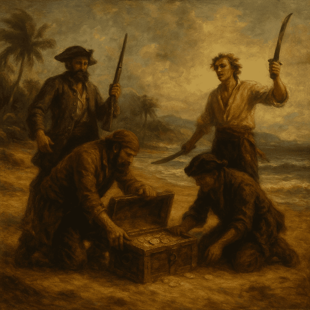 Pirates on a beach uncovering a treasure chest of gold coins, with weapons and palm trees in the background.