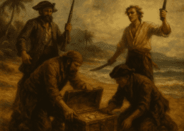 Pirates on beach with treasure chest, holding swords, palm trees in background, dramatic sky setting.