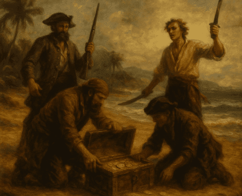 Pirates on beach with treasure chest, holding swords, palm trees in background, dramatic sky setting.