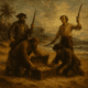 Pirates on beach with treasure chest, holding swords, palm trees in background, dramatic sky setting.