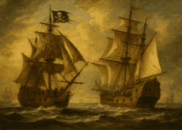 Two pirate ships sailing in the ocean, one with a Jolly Roger flag, under dramatic skies.