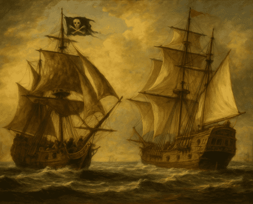 Two pirate ships sailing in the ocean, one with a Jolly Roger flag, under dramatic skies.