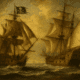 Two pirate ships sailing in the ocean, one with a Jolly Roger flag, under dramatic skies.