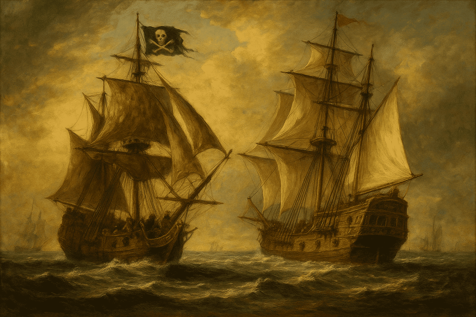 Two pirate ships sailing in the ocean, one with a Jolly Roger flag, under dramatic skies.
