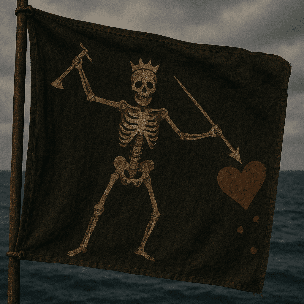 Pirate flag with skeleton, spear, heart, and hourglass over ocean. Jolly Roger symbol. Dark maritime theme.