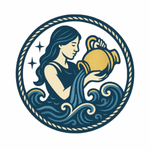 Vintage illustration of a woman pouring water from a jug into waves, symbolizing Aquarius, with starry night background.