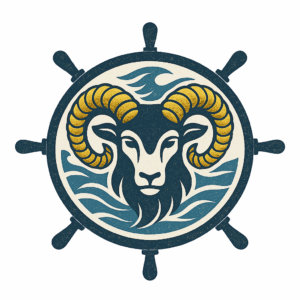 Stylized nautical logo with ram's head on a ship's wheel, featuring ocean waves for a maritime theme.