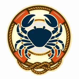 Crab silhouette on life ring with rope border, nautical theme, marine safety emblem illustration.