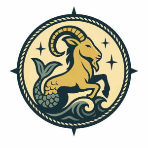 Mythical goat-fish Capricorn symbol in a circular nautical design, featuring stars and ocean waves.