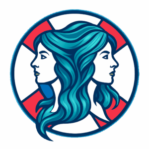 Nautical-themed Gemini symbol, featuring twin profiles with flowing teal hair and a lifebuoy background.