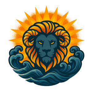 Lion head blends with ocean waves against a radiant sun background, symbolizing strength and adventure.