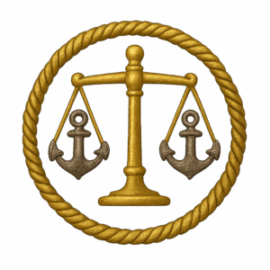 Golden scales of justice with anchors, encircled by a twisted rope on a gold background. Nautical law symbol.