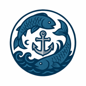 Nautical design with two blue fish circling an anchor, symbolizing harmony and sea life, inside a round frame.