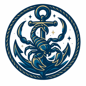 Scorpion intertwined with an anchor, surrounded by stars, symbolizing strength and maritime unity.