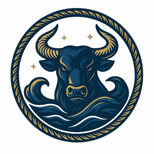 Illustration of a bull surrounded by rope and waves, with stars in the background, symbolizing strength and navigation.