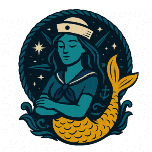 Illustration of a mermaid in a sailor outfit, adorned with nautical symbols and stars, with a golden tail.