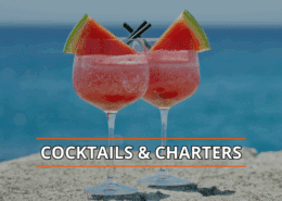 Frozen cocktails with watermelon slices on a rock by the sea, text overlay Cocktails & Charters.
