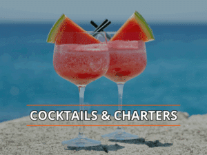Frozen cocktails with watermelon slices on a rock by the sea, text overlay Cocktails & Charters.