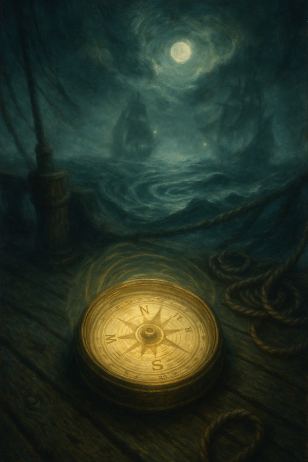 Vintage compass glowing on a ship's deck, with moonlit sea and ships in the background. Mysterious nautical scene.