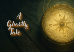Vintage compass on aged wood, next to 'A Ghostly Tale' text, evoking mystery and nautical adventure.