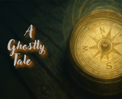 Vintage compass on aged wood, next to 'A Ghostly Tale' text, evoking mystery and nautical adventure.
