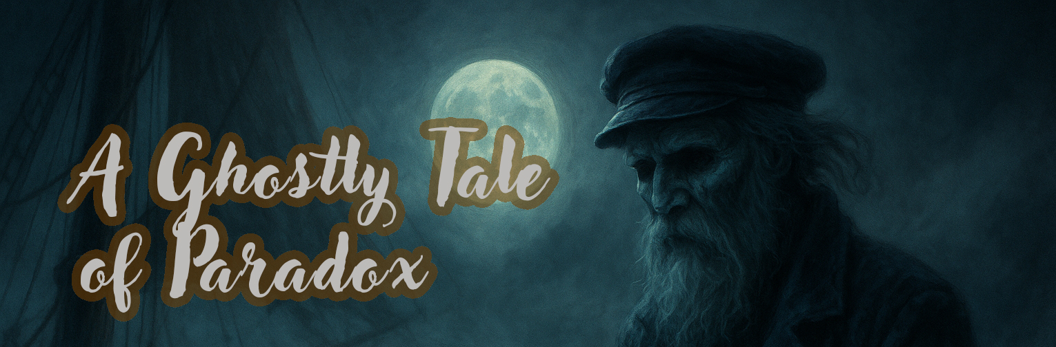 Ghostly sailor with moonlit backdrop and ghostly text reading, A Ghostly Tale of Paradox. Eerie maritime scene.