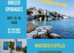 Explore Greece's Sporades on a Mamma Mia sailing tour, Sept 2026. Join Nauticed Flotilla. Rocks, sea, and charming village view.