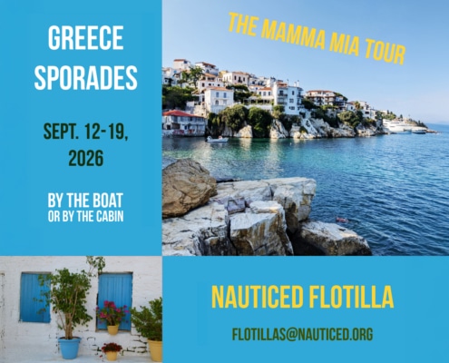 Explore Greece's Sporades on a Mamma Mia sailing tour, Sept 2026. Join Nauticed Flotilla. Rocks, sea, and charming village view.