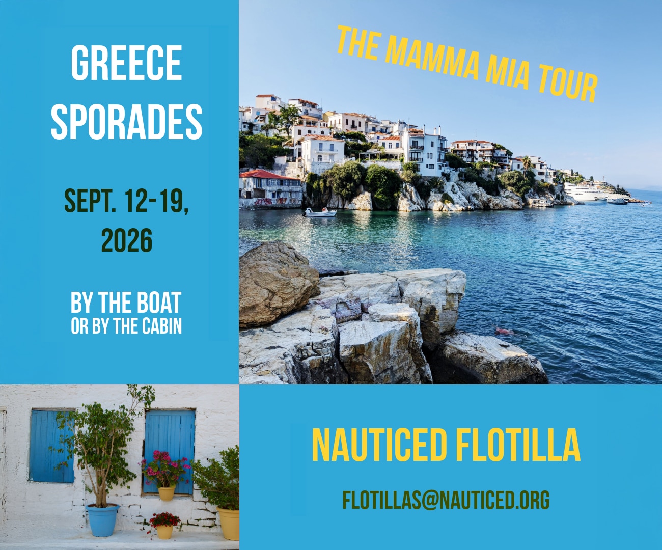 Explore Greece's Sporades on a Mamma Mia sailing tour, Sept 2026. Join Nauticed Flotilla. Rocks, sea, and charming village view.