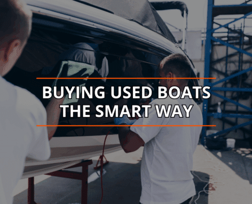 Two men inspecting a boat with 'Buying Used Boats The Smart Way' text overlay, showcasing careful evaluation.