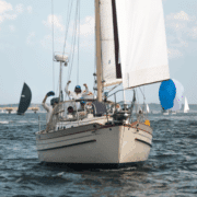 Crew celebrating on a sailboat race, clear skies and other sailboats in the background.