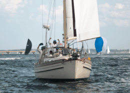 Crew celebrating on a sailboat race, clear skies and other sailboats in the background.
