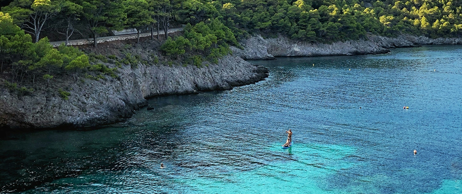 Person paddleboarding on clear blue water near a rocky, forested coastline under a sunny sky.