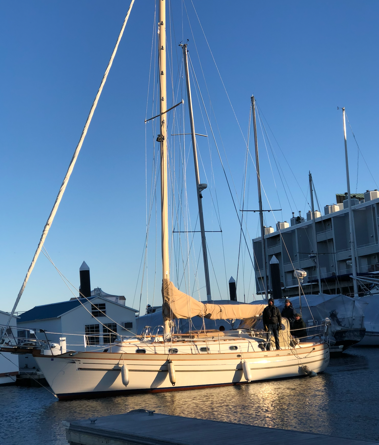 Sailboat docked at marina in sunset light, two people standing on deck, clear sky background.