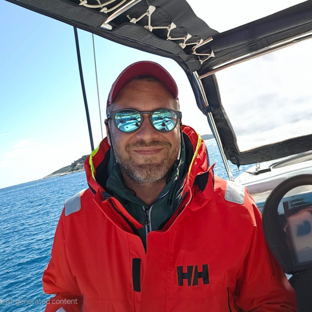 Man in red sailing jacket steering a yacht, enjoying a sunny day on the sea with coastal views.