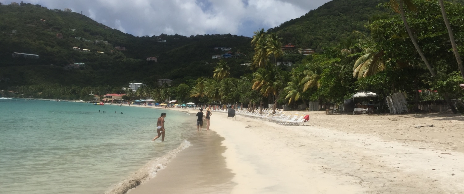 Tropical beach with palm trees, turquoise water, and people strolling by the shore under partly cloudy skies.