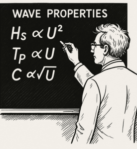 Scientist explaining wave properties formulas on chalkboard, highlighting relationships between wave height, period, and speed.