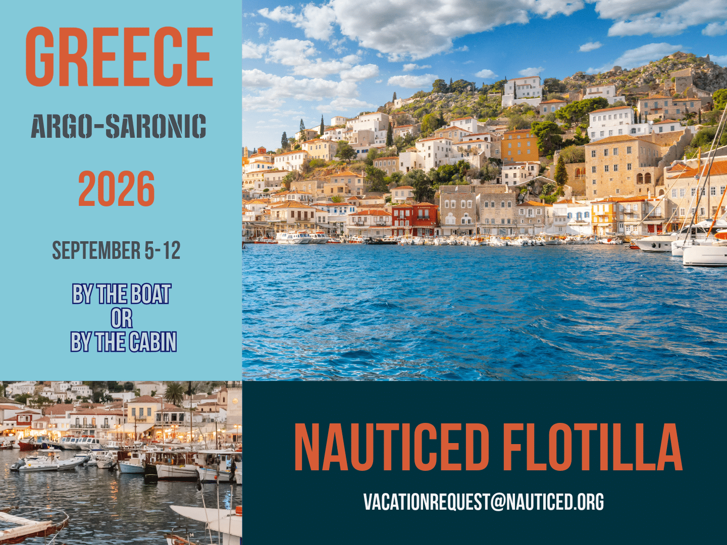 Sail Greece Argo-Saronic 2026: Nauticed Flotilla Sept 5-12. Explore by boat or cabin. Stunning coastal view.