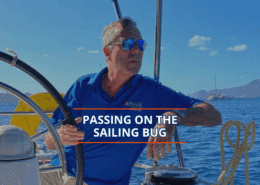 Man on sailboat enjoying ocean view, promoting sailing lifestyle.