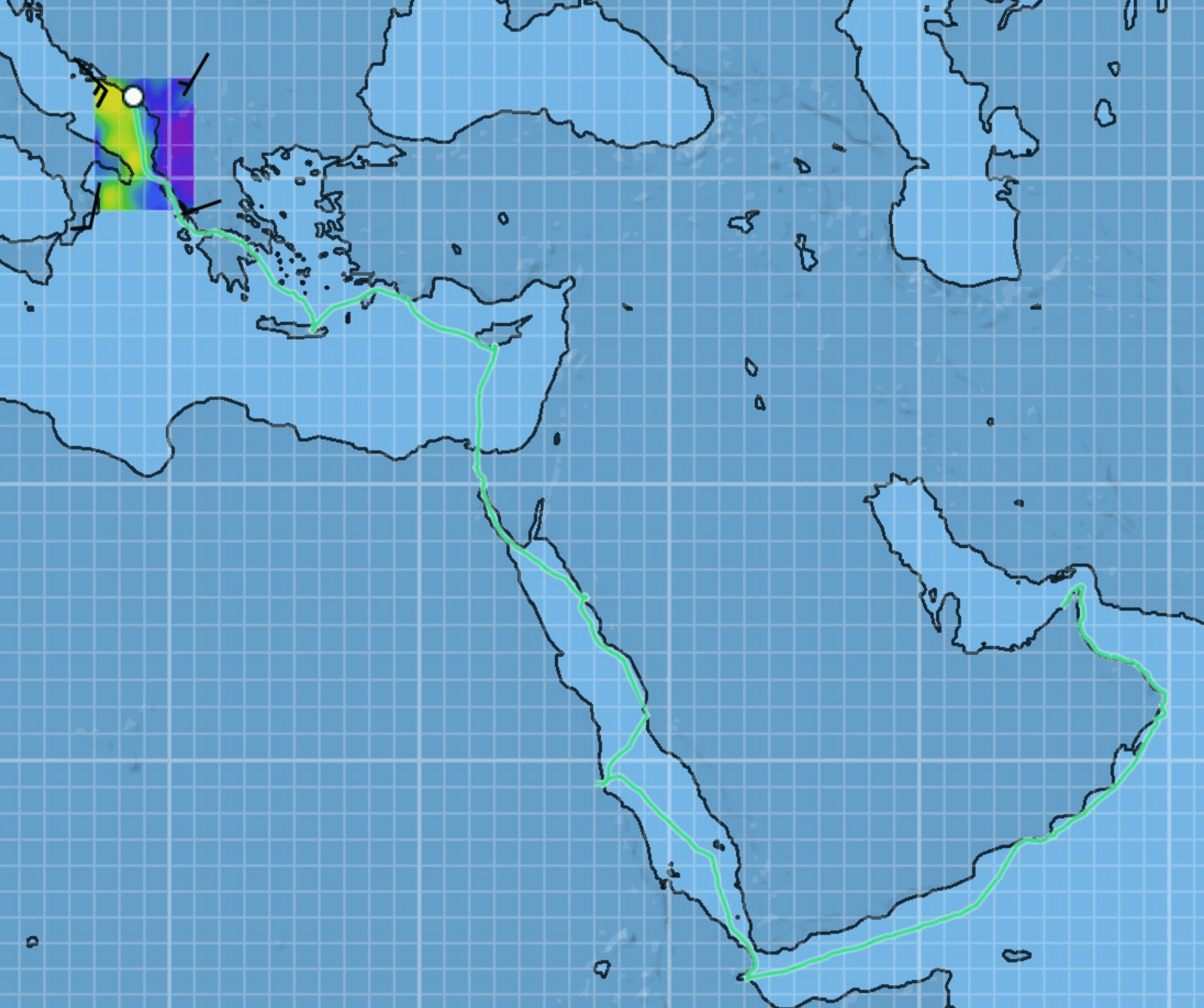 UAE - Montenegro SY Mystique 2023 Sailing route map from Greece to the Arabian Peninsula, showing navigational paths and hazards in the Mediterranean and Red Sea.