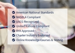 Sailing certifications list, including NASBLA, USCG, and RYA approval, with a blurred boat and rope in the background.