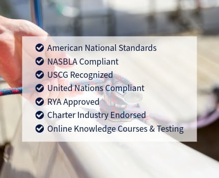 Sailing certifications list, including NASBLA, USCG, and RYA approval, with a blurred boat and rope in the background.