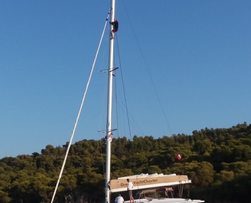 Dave Stern Sailing catamaran with crew climbing the mast, anchored near a forested shoreline under a clear blue sky.