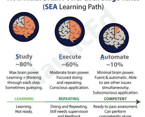 Infographic of SEA Learning Path: Study, Execute, Automate. Displays brain power percentages for each stage.
