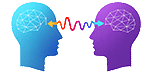 Abstract illustration of two heads with connected brains, symbolizing communication and idea exchange through a colorful wave.