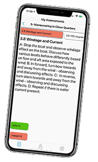Student-Assessment Sailing assessment displayed on a smartphone screen, focusing on windage and current effects during maneuvers.